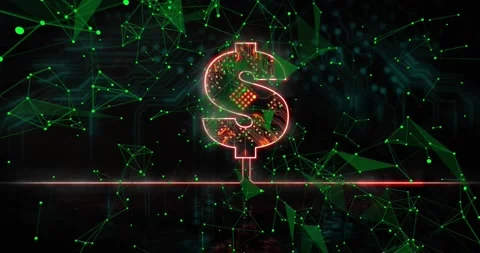 Upon green nodes merging edges, neon dollar sign emerging pulsing circuits Stock Footage 318259699
