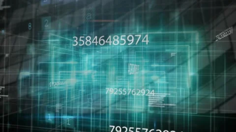 Upon grid activation teal cube emerging rotating streaming numeric data Stock Footage 317799959