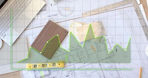 Upon grid and axes fading in green line graph fluctuating over blueprints while Stock-Footage 314398420