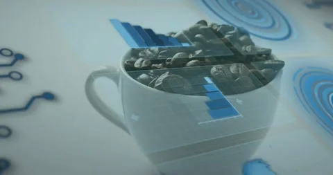 Upon grid appearing, mug rotating, circuitry, chart, targets, map icon animating Stock Footage 318668798