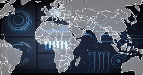 Upon grid appearing, world map flat design emerging, tracing continents and Stock Footage 315802542