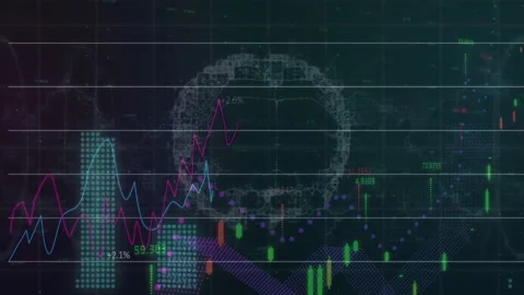 Upon grid fade wireframe brain fading, trend line and candlesticks rising into Stock Footage 310318953