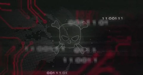 Upon grid forming skull and crossbones icon growing with circuits and bits Stock Footage 316623855