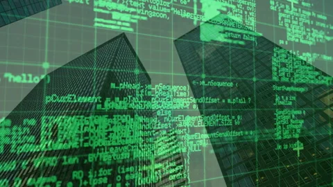 Upon grid overlay appearing over skyscrapers code streams scrolling down walls Stock Footage 313758425