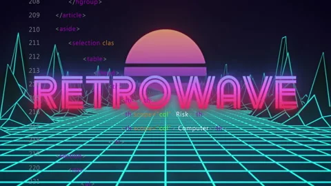 Upon grid rendering neon 3D RETROWAVE emerging pulsing and scrolling HTML for Stock Footage 312656363