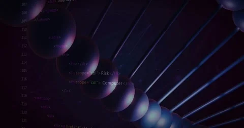 Upon helix entering frame, 3D spiral rotating as code scrolls to reveal Stock Footage 316624362