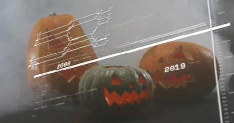 Upon HUD appearing three lit pumpkins cycling year labels sweeping bars, code Stock Footage 317773270