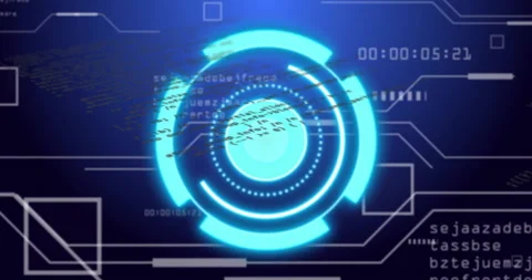Upon interface appearing, core pulsing and ring rotating while code streaming Stock Footage 311884908