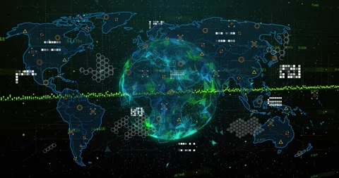 Upon interface launch 3D globe emerging rotating while data clusters pulsing Stock Footage 318194059