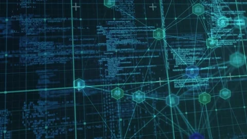 Upon interface launching, hexagonal nodes appearing right and connecting left to Stock Footage 318115295