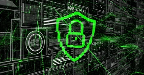 Upon interface loading green shield icon appearing scanner sweeping, codes Stock Footage 310637892