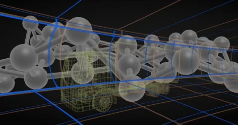 Upon launch 3D camera orbiting molecular model around yellow wireframe truck Stock Footage 320066762