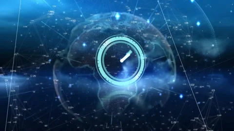 Upon launch 3D globe with clock interface rotating hands filling ring and Stock Footage 310643309