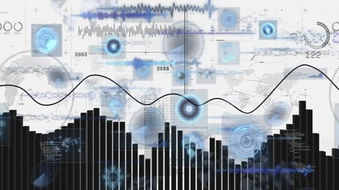 Upon launch bars rising sine curve sweeping gauges rotating and nodes appearing Stock Footage 330062003