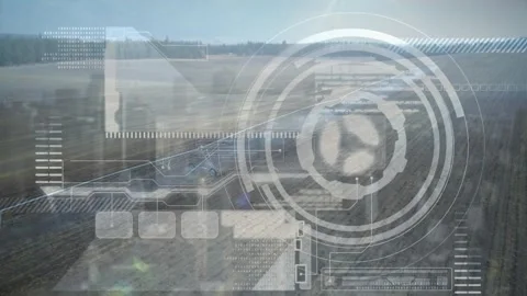 Upon launch circular HUD gauge starting pulsing and panels sliding over farmland Video stock 317660467