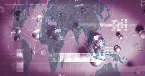 Upon launch cluster of translucent spheres linking across world map, simulating Stock Footage 320288093