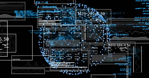 Upon launch glowing blue sphere opening data windows updating panels visualizing Stock Footage 310283787