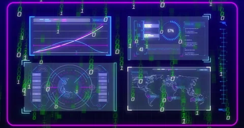 Upon launch neon UI streaming binary digits driving panels updating data and Stock Footage 314409207