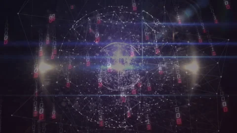 Upon launching glowing wireframe sphere emitting grid streaming binary blocks Stock Footage 311416817