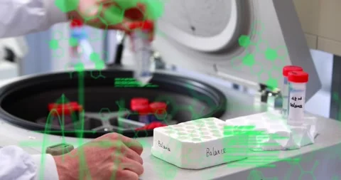 Upon lid opening tech loading balancing redcap tubes into rotor and Balance rack Stock Footage 333924891