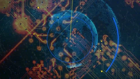 Upon load central blue data globe sweeping yellow pointer, pulsing orange nodes, Stock Footage 334724900