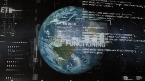 Upon loading, 3D Earth rotating, HUD panel sliding, bar charts rising and Stock Footage 329980324