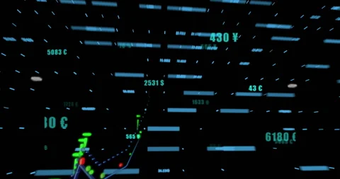 Upon loading 3D grid currency symbols drifting over bars and line spiking Stock Footage 314659440