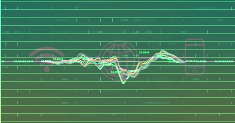 Upon loading bright waveform lines oscillating around axis and settling while Stock Footage 309688672