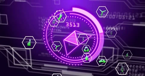 Upon loading digital gauge rotating magenta arc updating counter cycling hex Stock Footage 318143285