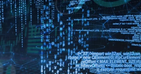 Upon loading, dotted ellipsoid rings rotating while code panels streaming to Stock Footage 330342293