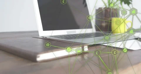Upon loading network overlay expanding across laptop and workspace objects, Stock Footage 318545550