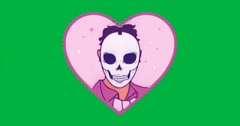 Upon loading, skeleton portrait in heart frame grinning, sparkles flickering and Stock Footage 317212983
