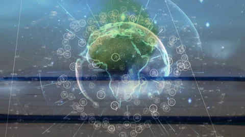 Upon loading wireframe globe rotating over gradient bars, data nodes orbiting, Stock Footage 313703778