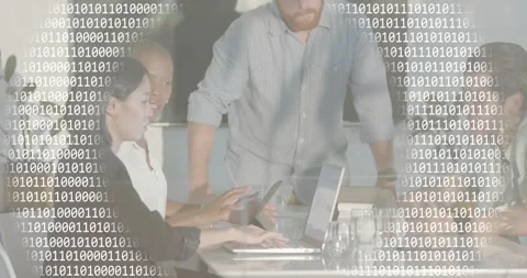 Upon man pointing laptop screen tech team typing tapping tablet code overlay Video stock 318180080