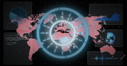 Upon map code executing globe rotating chart rising waveform pulsing and red Stock Footage 312482037