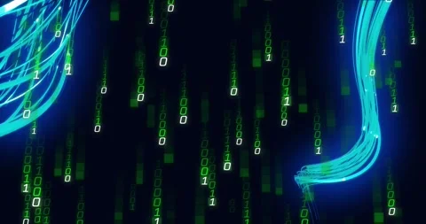 Upon neon-blue strands forming edges, green binary digits cascading representing Stock Footage 320068577