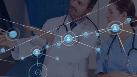 Upon network node appearing doctor and nurse mapping healthcare connections with Video stock 313494203