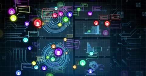 Upon new user icons spawning on grid, neon chat bubbles orbiting radar hub Video stock 320214502