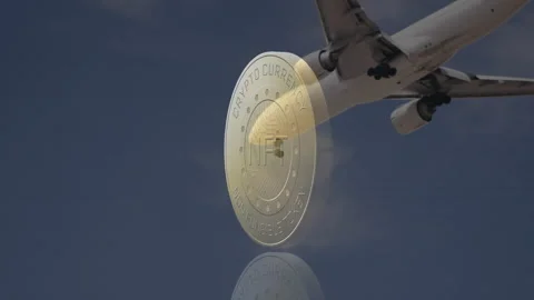 Upon NFT coin spinning while jet descending, mirroring circuitry patterns on Stock Footage 314530702