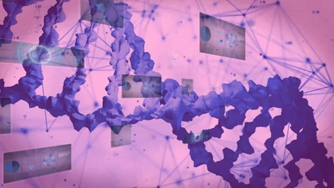 Upon nodes connecting, purple 3D render DNA helix rotating sliding data panels Stock Footage 312099074