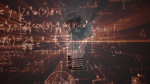 Upon opening dark space, bulb glowing, formulas drifting, globe rotating, Stock Footage 311883712