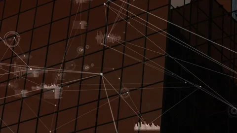 Upon opening glass facade data nodes pulsing, shifting and connecting across Stock Footage 311226362