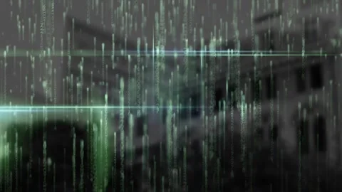 Upon opening green code streams raining over blurred facade pulsing light lines Video stock 329782924