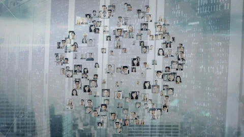 Upon opening headshots sliding from sides forming rotating globe showing digital Stock Footage 312915999