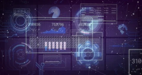 Upon opening purple backdrop, panels appearing, charts sliding, numbers counting Stock Footage 317466692