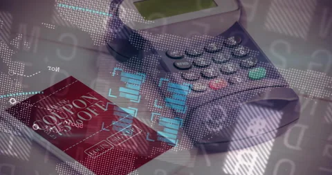 Upon opening red coupon and POS terminal receiving data overlays analyzing Stock Footage 313639257