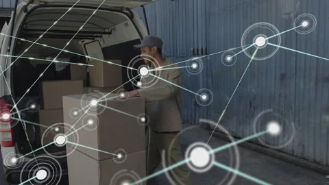 Upon opening van doors driver unloading boxes for stacking in depot with network Stock Footage 314792629