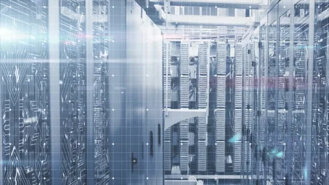 Upon overlay appearing server racks framing corridor pulsing with lights Stock Footage 310438329