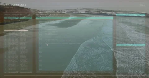 Upon overlay fade-in, Data Terminal loading code over beach panorama, processing Vidéo 309688767