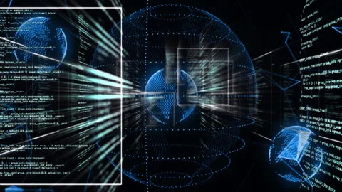 Upon panels appearing, data globe pulsing, code streaking and shapes orbiting Stock Footage 311140300